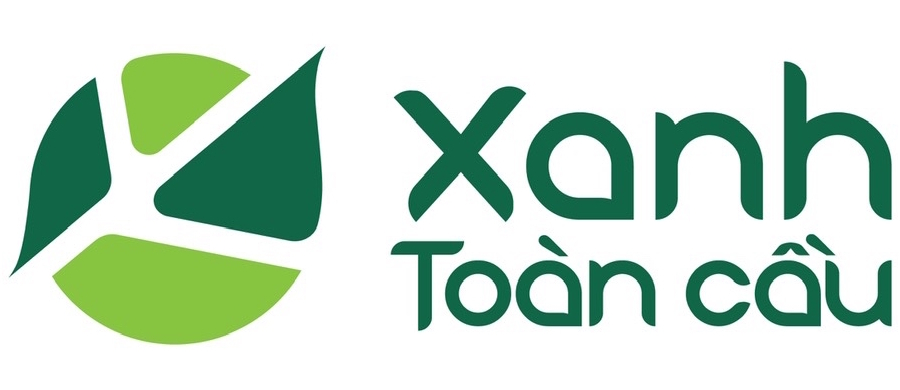 Logo Xanh Toàn Cầu — chiếc lá phân nhánh trong vòng tròn, xanh lục bảo và xanh lá mạ
